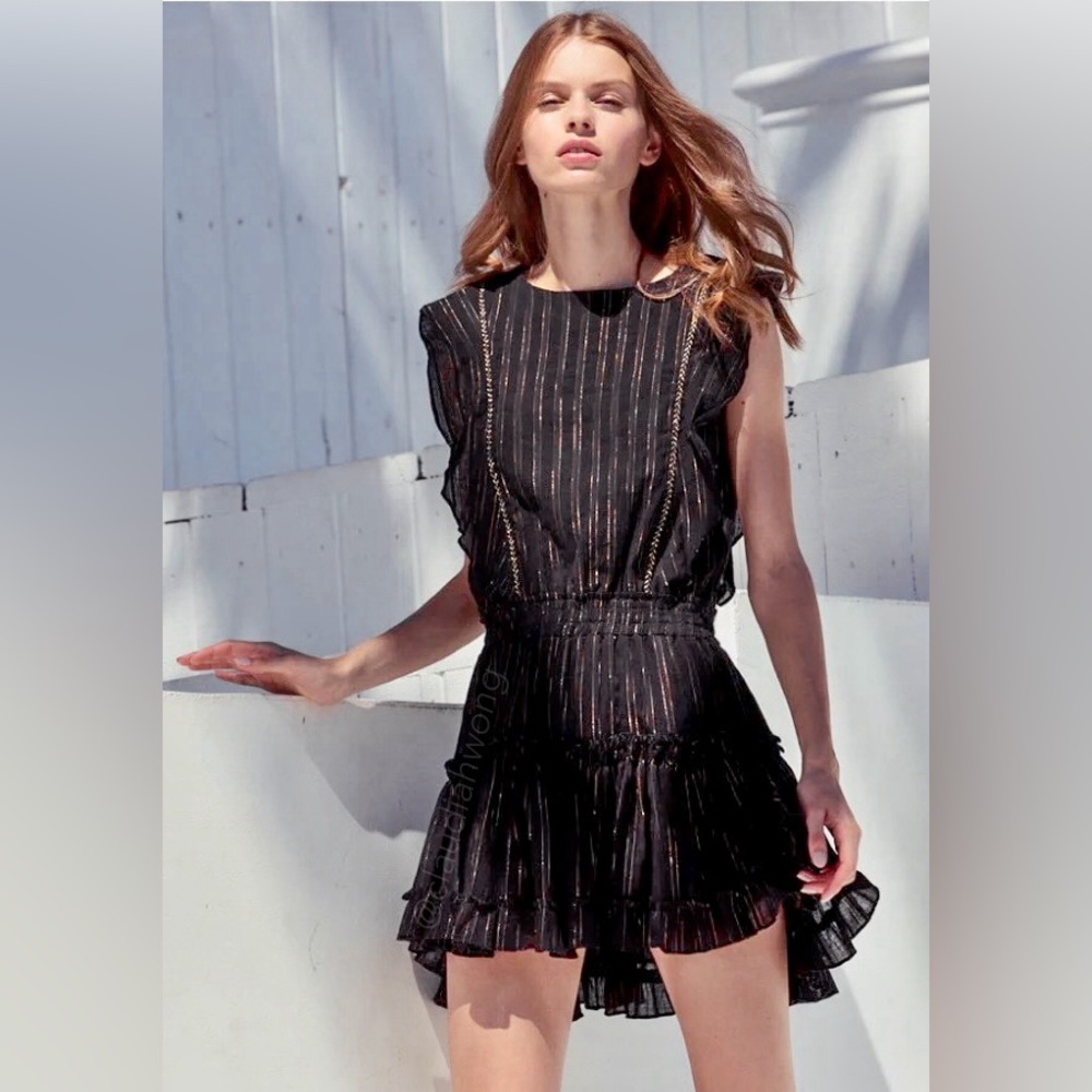 MISA Cielo Ruffle Bib Mini Dress in Black Gold